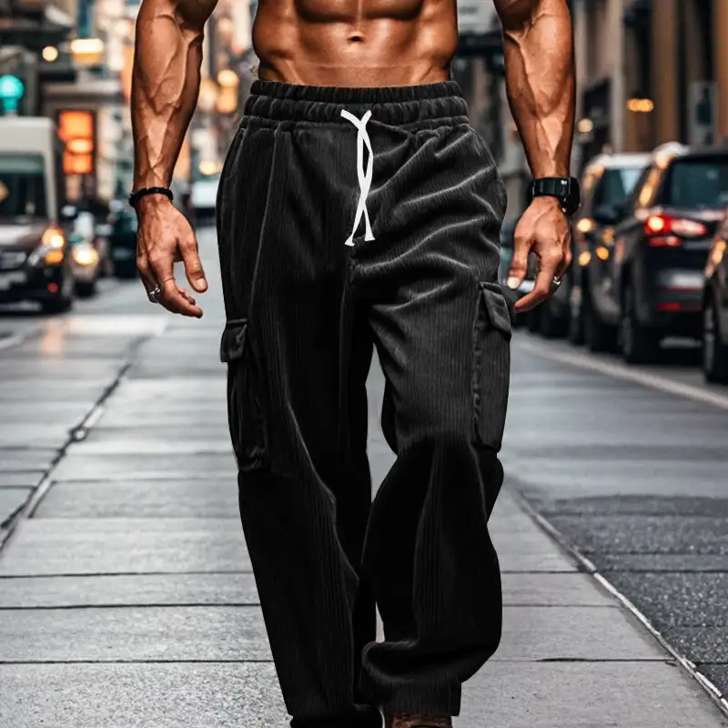 Men's Oversized Corduroy Cargo Pants with Elastic Drawstring Waistband and Multiple Pockets