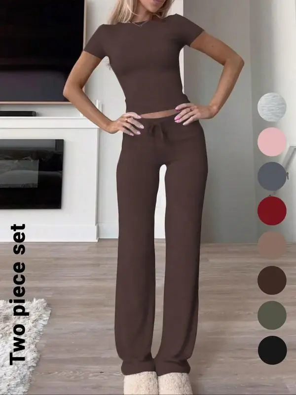 Women's Solid Short Sleeve Two-piece Set