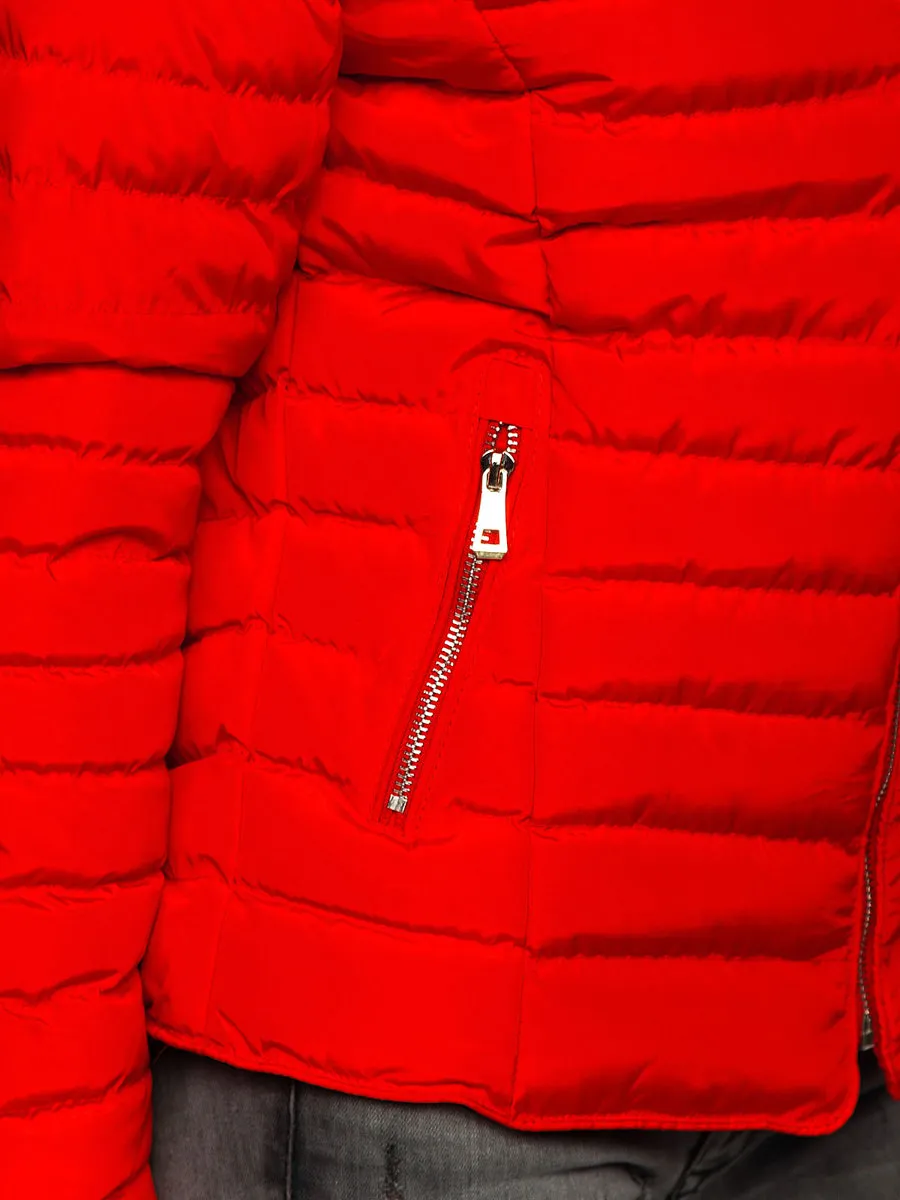 women's red quilted winter jacket without hood