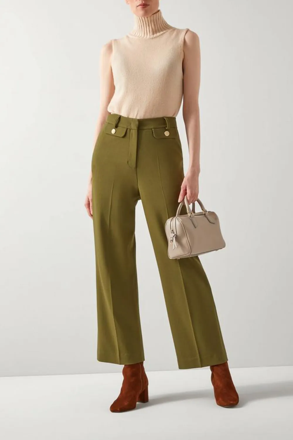 Beige Sleeveless Turtleneck Knit Sweater