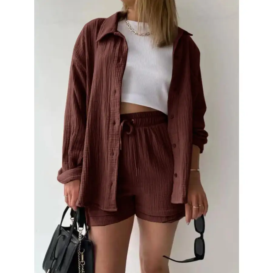 Textured Button Up Shirt and Shorts Set