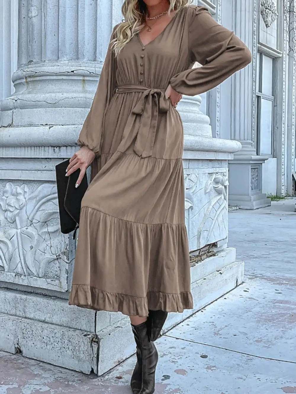 Smooth Finish V Neck Ruffle Dress