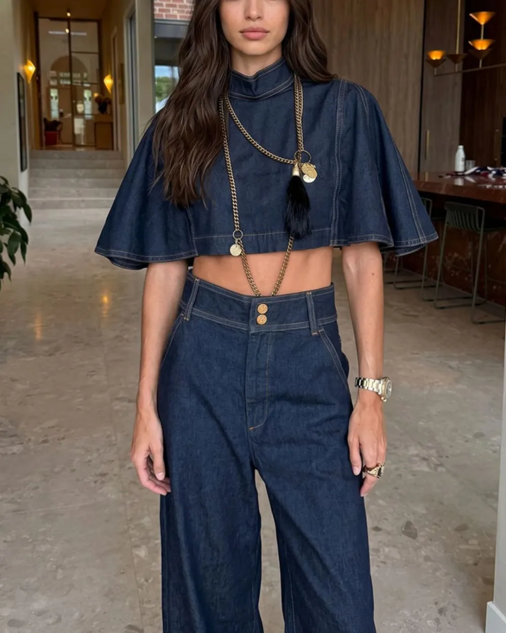 Modern Denim Capelet and High-Waist Tapered Pants Two-Piece Set