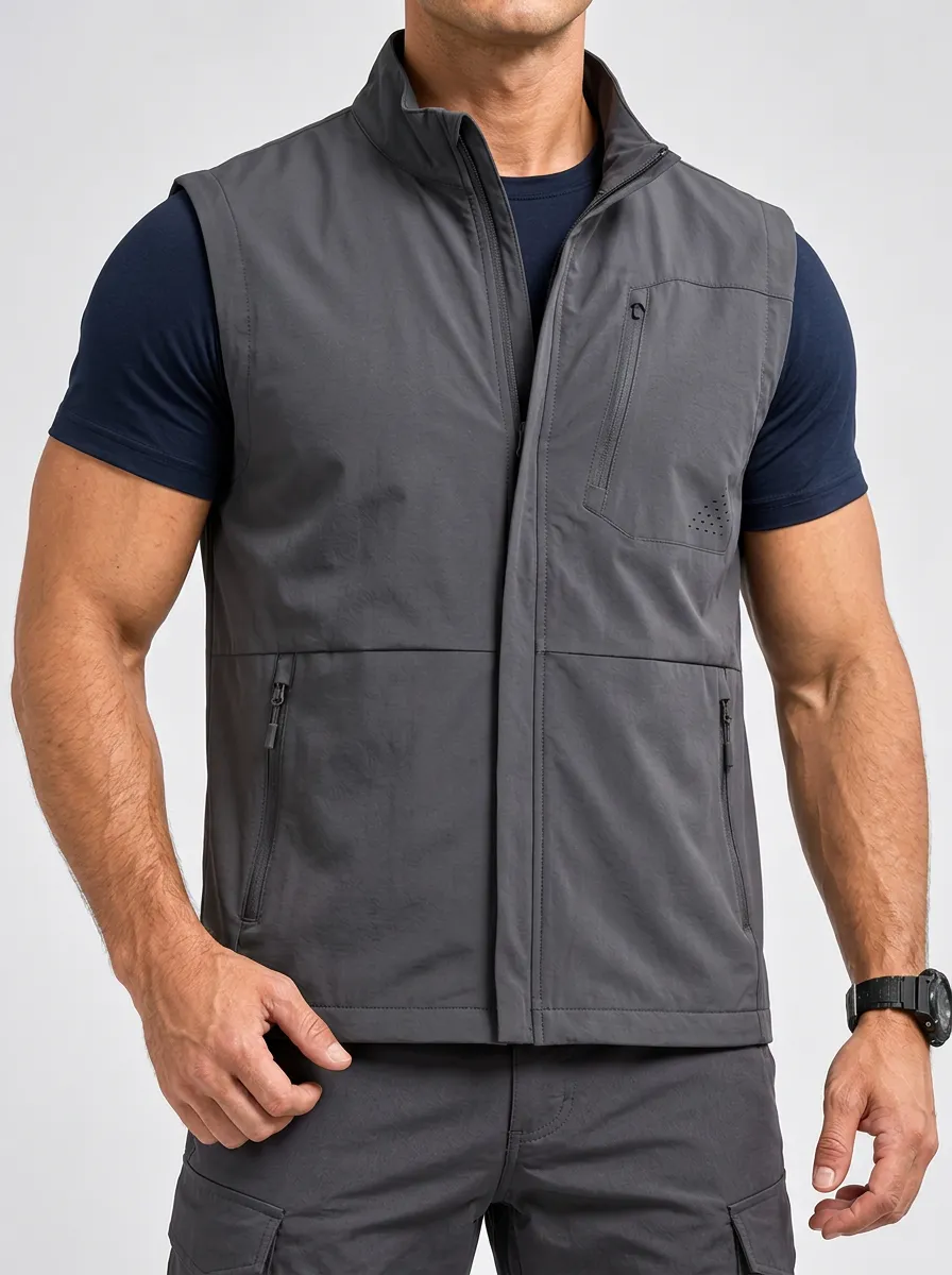 Men's Outdoor-Inspired Zippered Front Cargo-Style Sleeveless Jacket