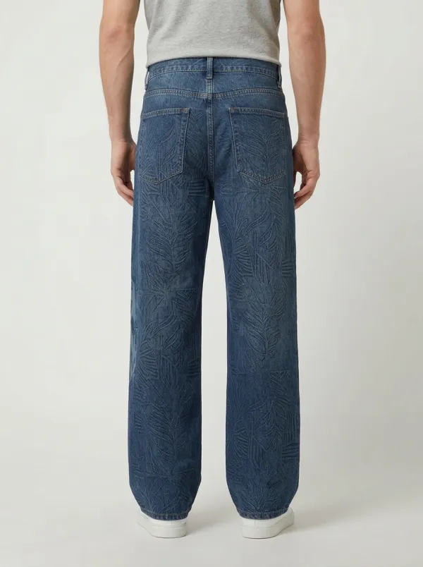 Wide Leg Botanical Graphic Leaf Graphic Men's Loose Fit Jeans