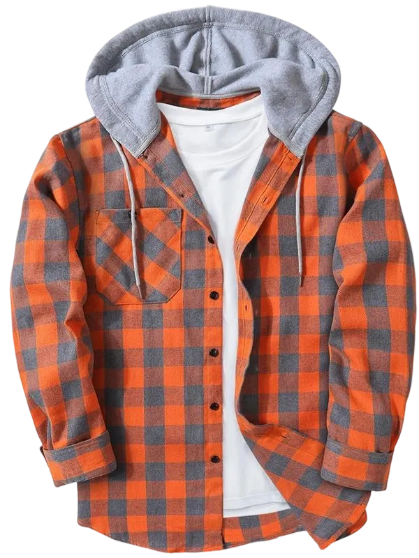 Men's Plaid Print Button Front Drawstring Hooded Shirt, Regular Fit Casual Long Sleeve Pocket Top, Men's Clothes for Daily Wear