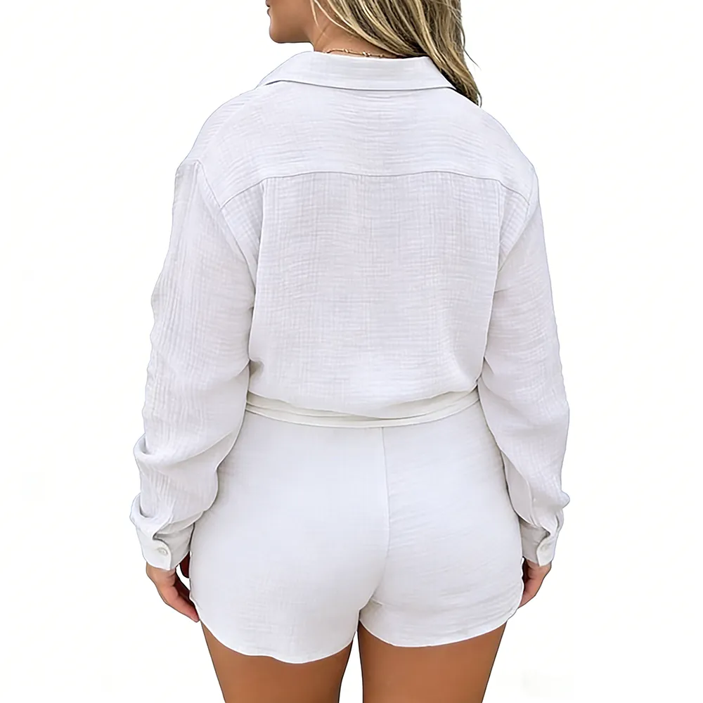 Women 2 Piece Outfits Long Sleeve Blouse and Shorts Sets