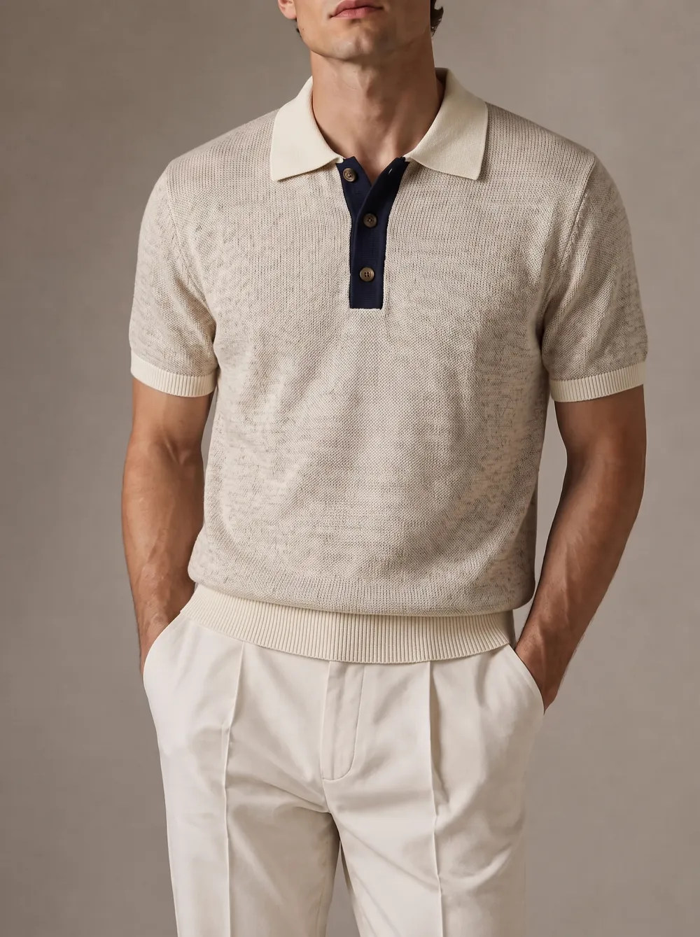 Men's Casual Minimalist Beige Knitted Polo Shirt