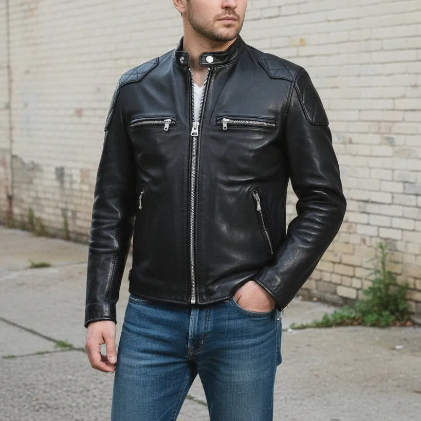 Polished Leather Biker Bomber Motorcycle Jacket
