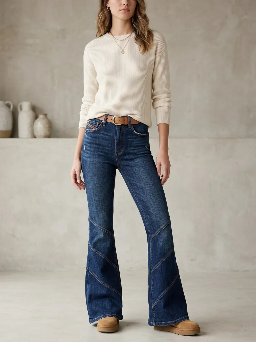 Women's Patterned Denim Pants in Neutral with Flared Cut