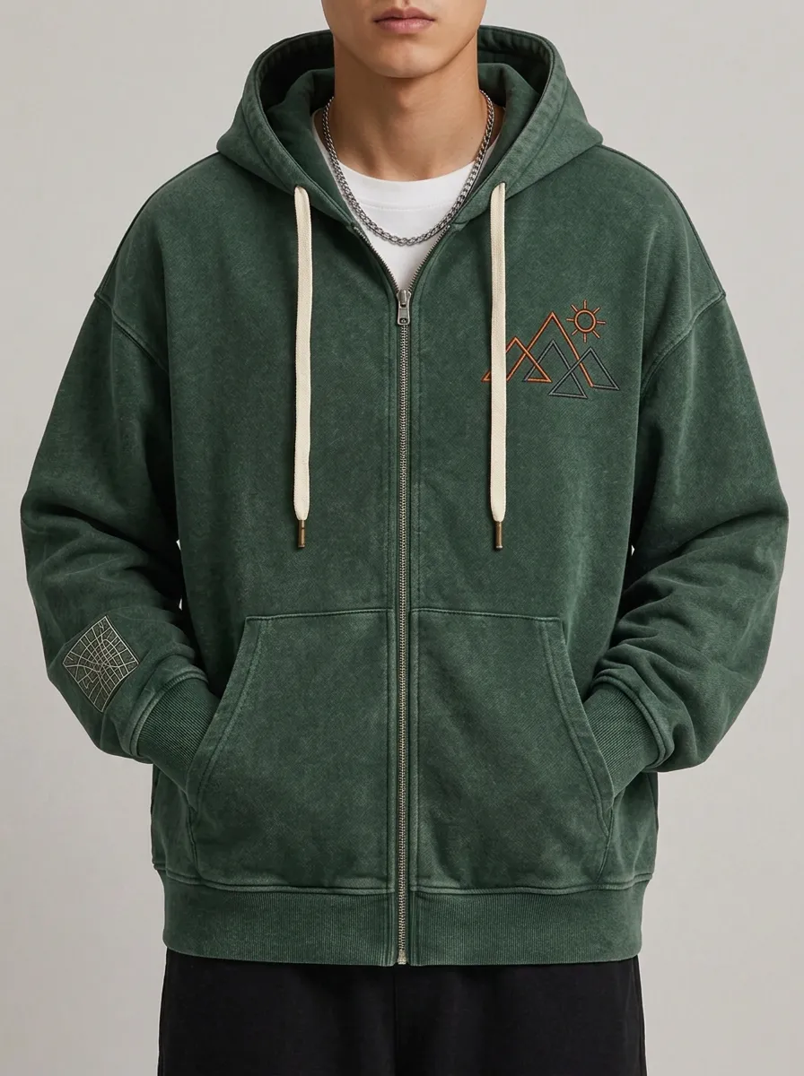 Men's Outdoor Nature Lover Mountain Sun Printed Zip Up Hoodie