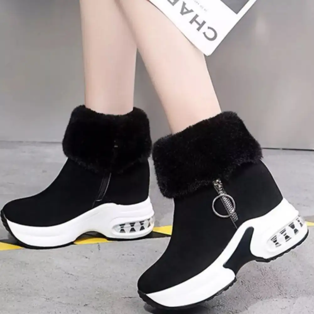 Fuzzy Side Zipper Platform Ankle Boots
