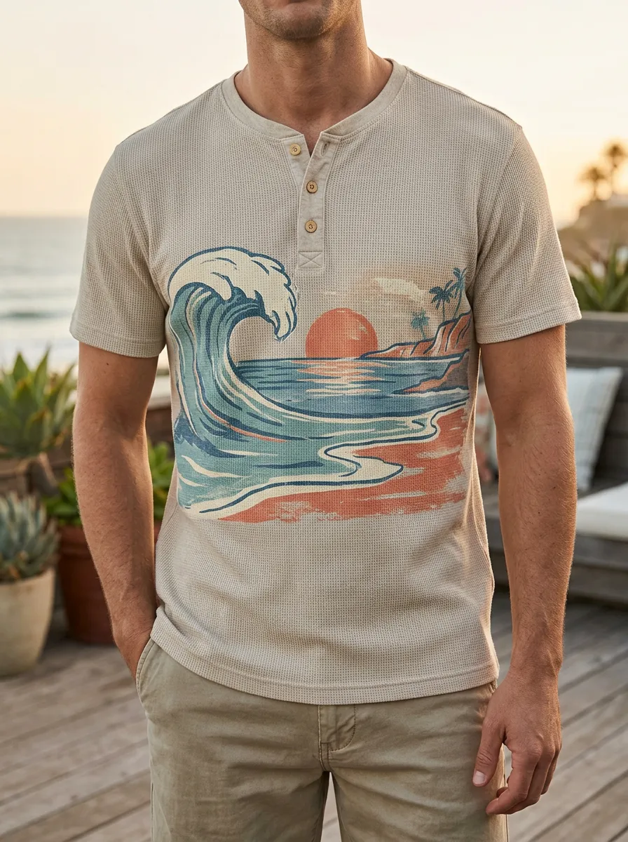 Men's Weekend Beach Lover Ocean Wave Sunset Henley T-Shirt