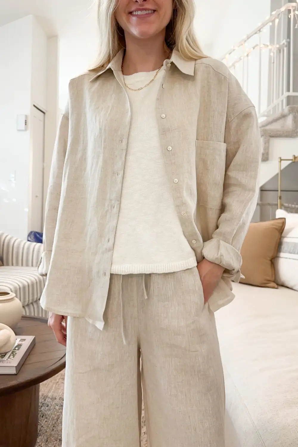 Linen Blend Button Front Button Down Shirt
