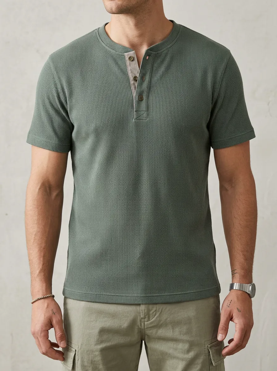 Men's Classic Waffle Knit Button Placket Henley Shirt