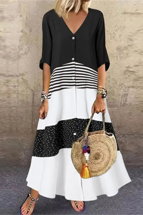 Casual V-Neck Half Sleeve Printed Button Maxi Dress