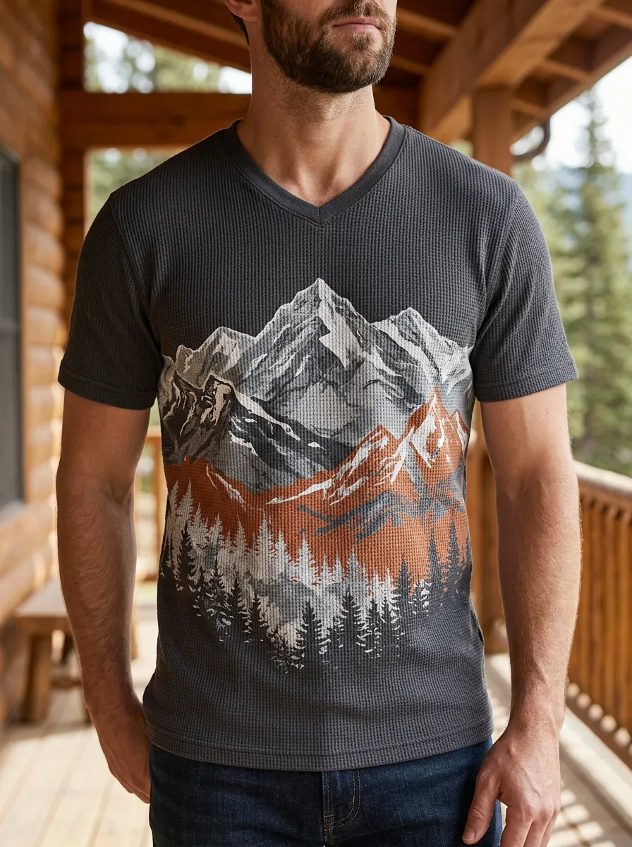 Men's Scenic Outdoor Nature Mountain Forest V-Neck T-Shirt