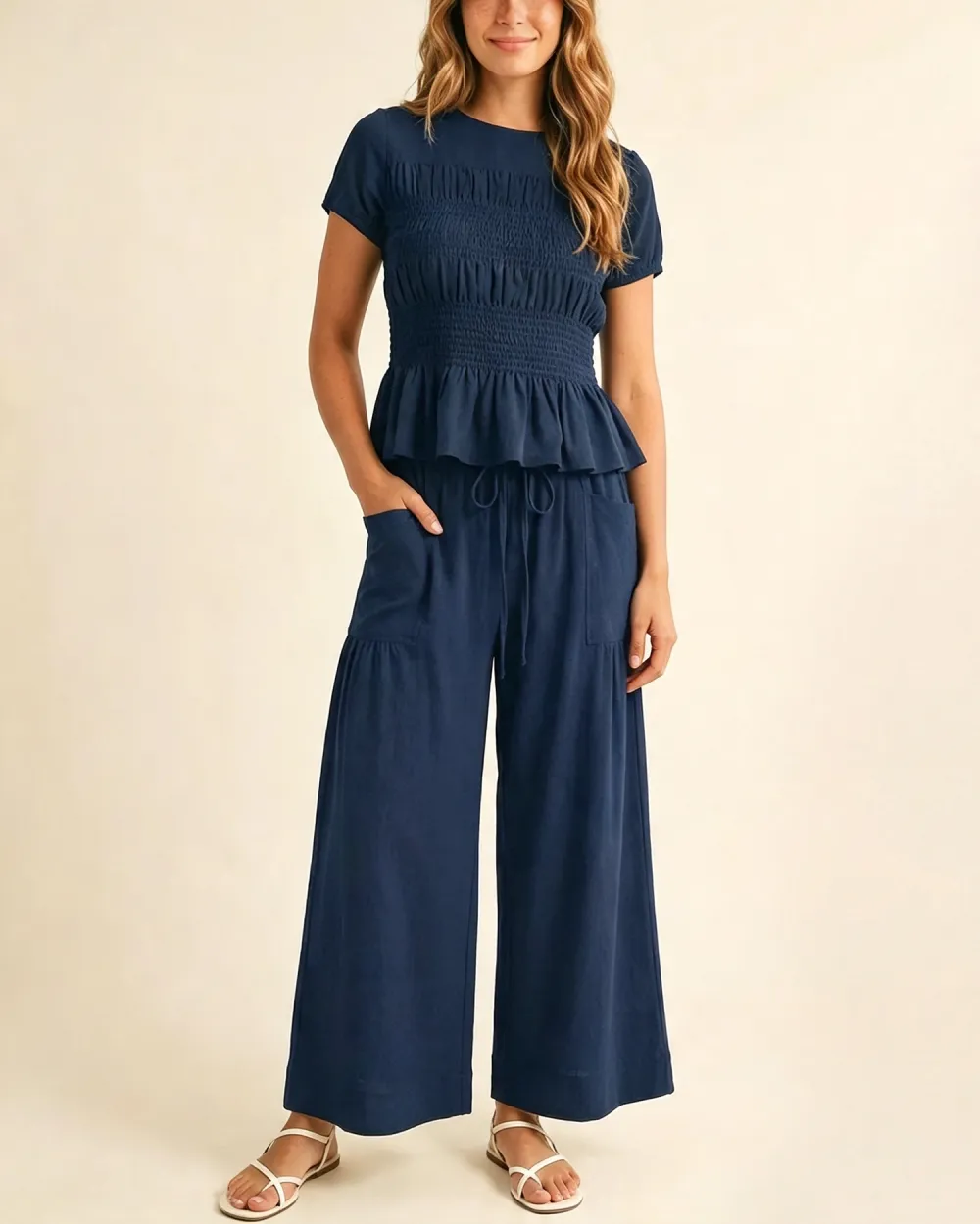 Women's 2-Piece Smocked Top and Wide-Leg Pants Set