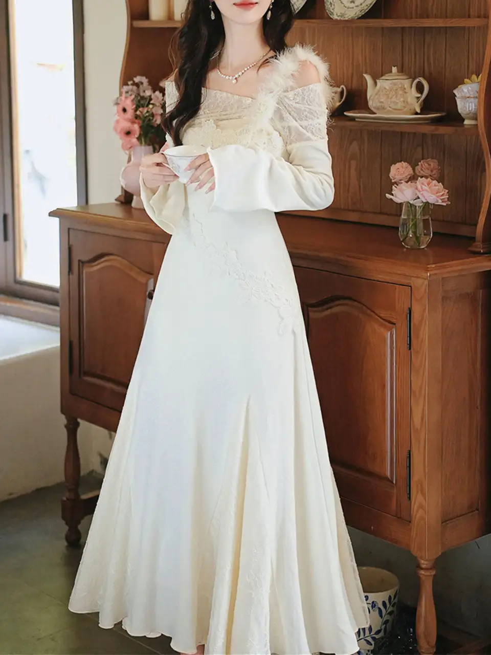 Lace Sequined Ruffle Lace Maxi Dress
