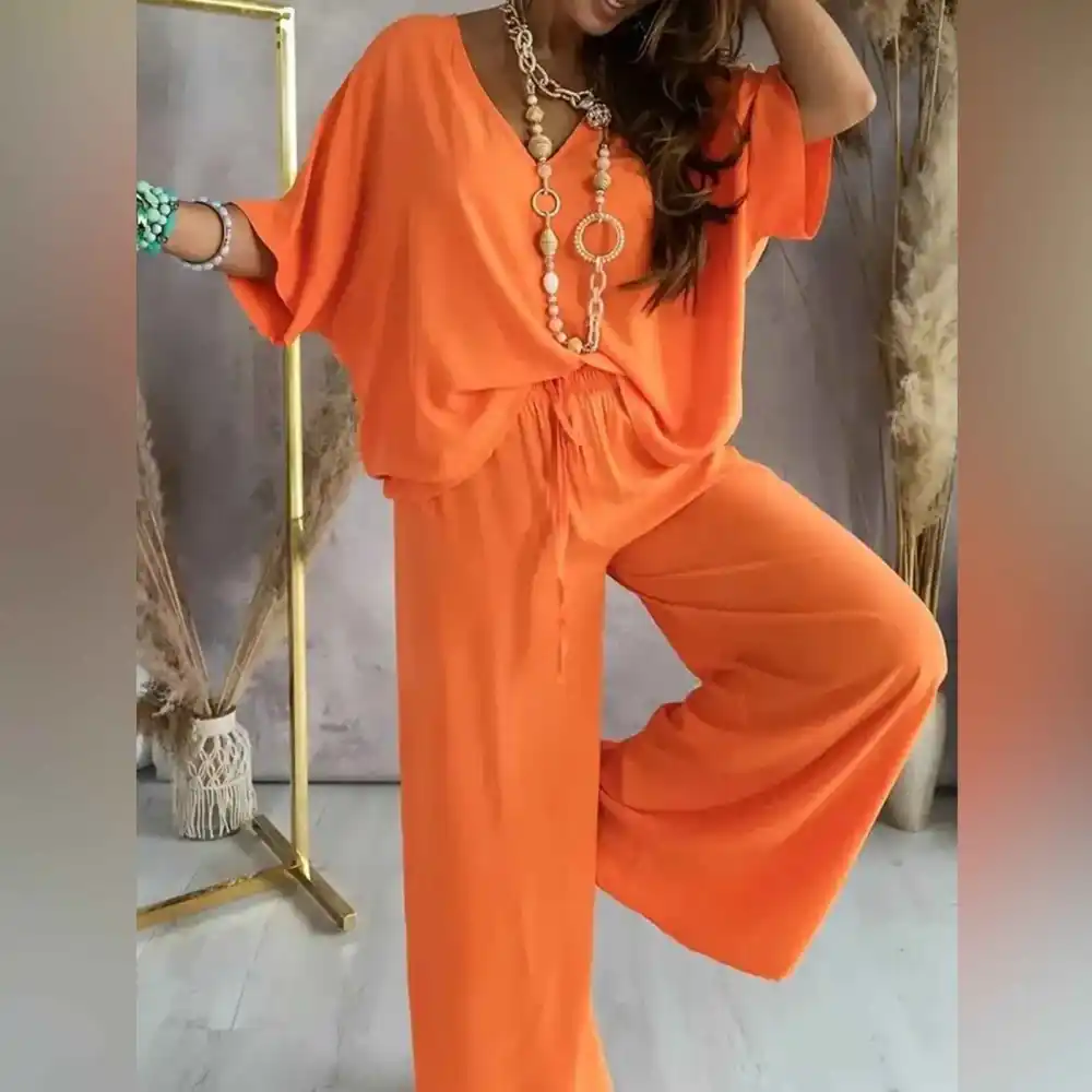 Lounge Set Flowy V-neck Top & Wide-leg Pants For All Party