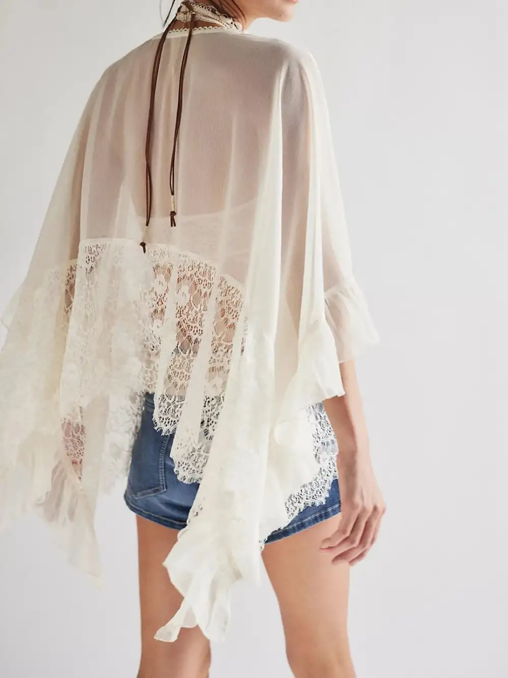 Lace V Neck Ruffle Long Sleeve Swim Cover Up