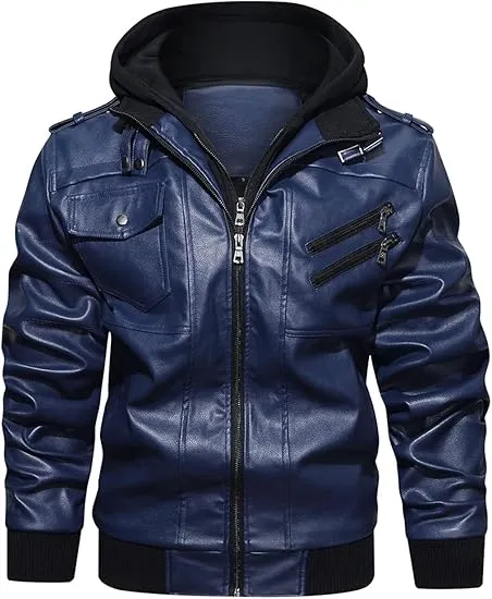 🧥 Men’s Casual Stand Collar PU Faux Leather Motorcycle Jacket with Removable Hood