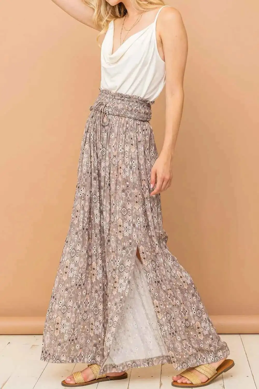 Boho Printed Smocked Waist Slit Wide Leg Pants
