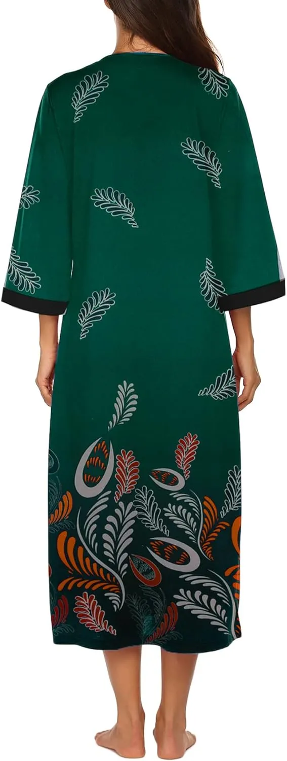 50% OFF Women Zipper Robe 3/4 Sleeves Loungewear Dress Full Length Sleepwear Pockets Housecoat Nightgown Long Bathrobe