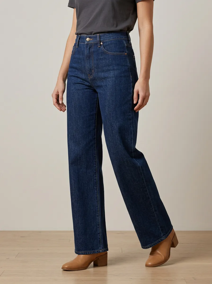 Smart-Casual High-Rise Wide-Leg Washed Denim Jeans