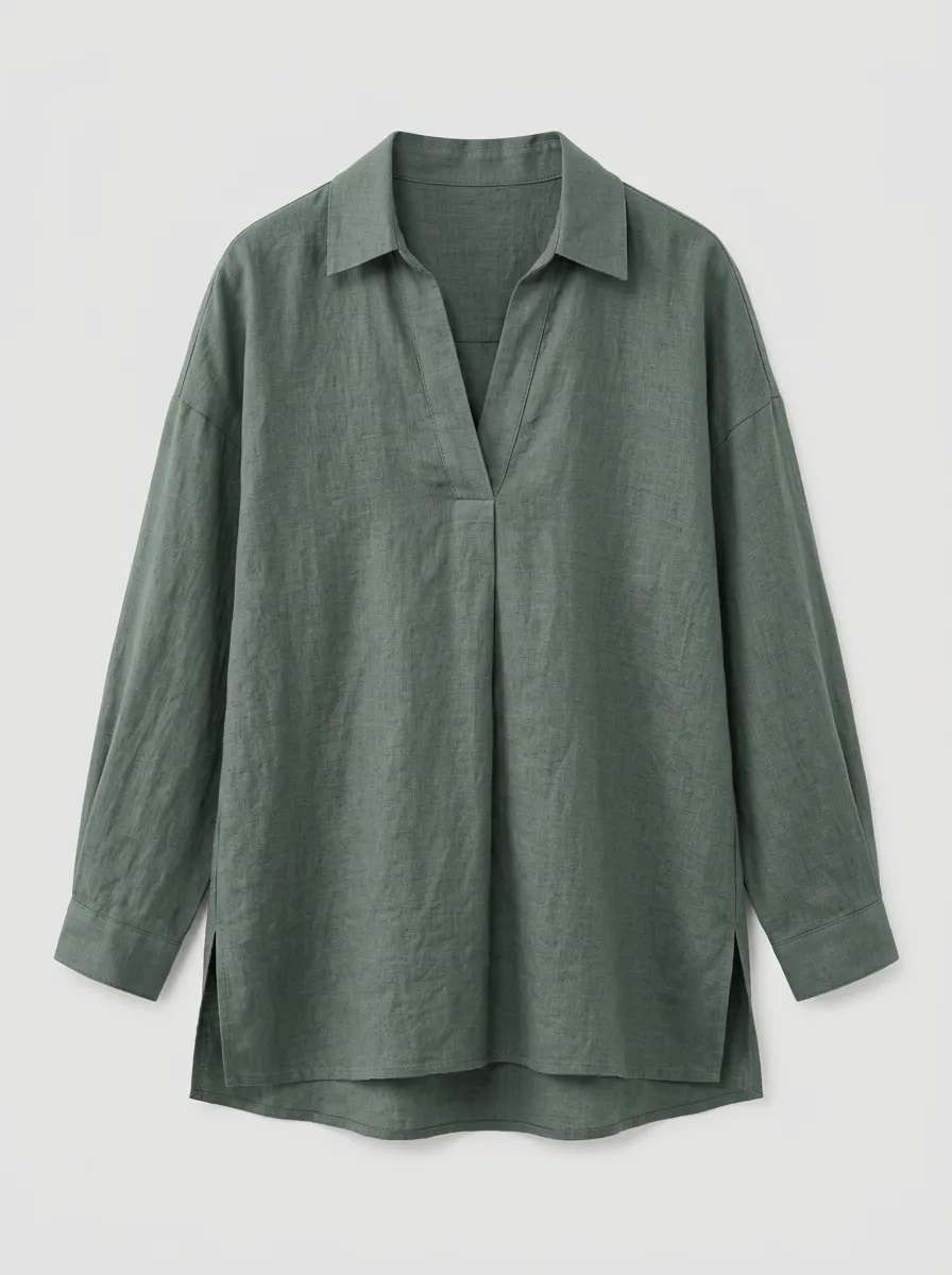 Women's Casual Olive Green V-Neck Linen Blend Long Sleeve Shirt