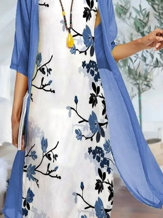 Fashion Floral Print Two Piece Dress