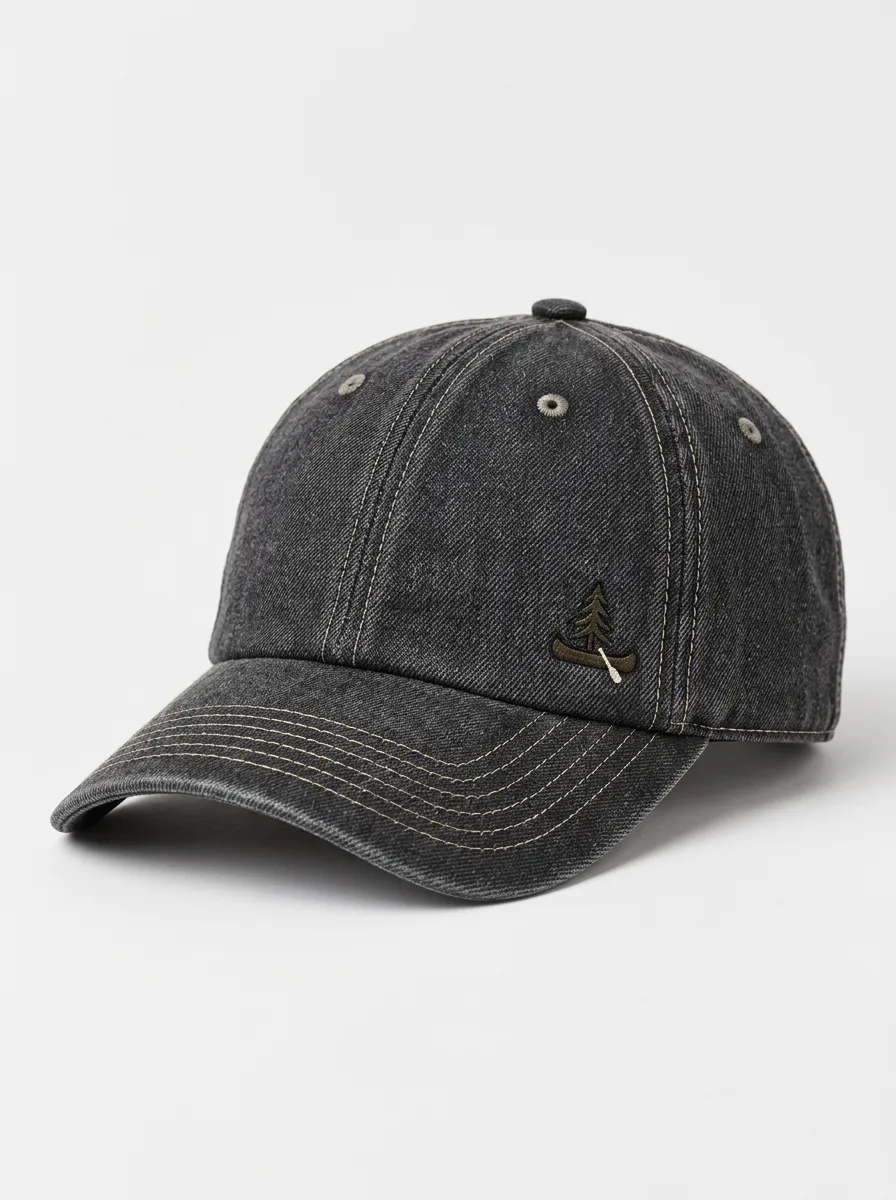 Pine Tree and Canoe Embroidered on a Forest Inspired Baseball Cap