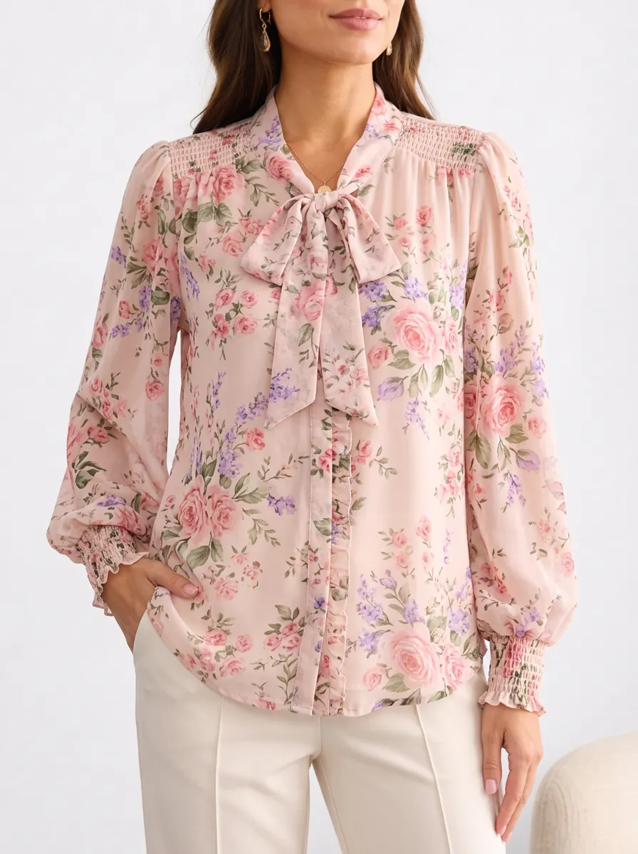 Women's Floral Print Tie Neck Smocked Cuffs Blouse