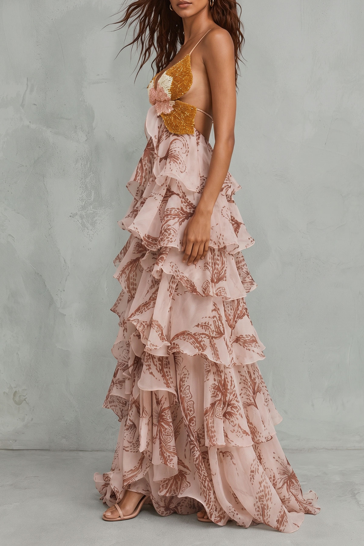 Ruffle Floral Butterfly Print Maxi Dress
