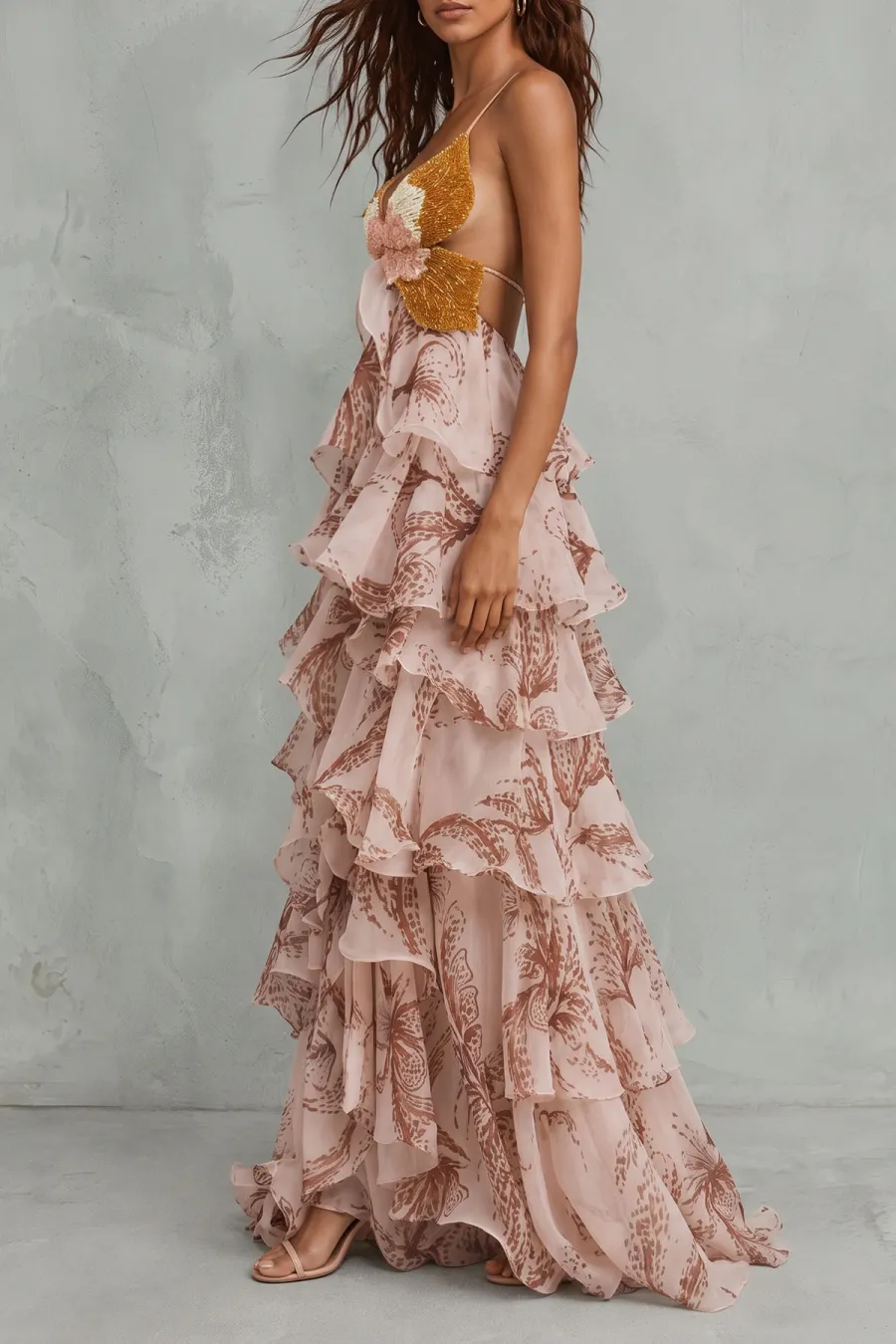 Ruffle Floral Butterfly Print Maxi Dress