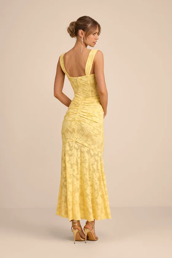 Celeste Yellow Floral Burnout Bustier Maxi Dress