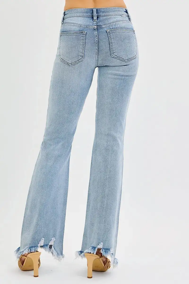 Mid Rise Frayed Flare Jeans