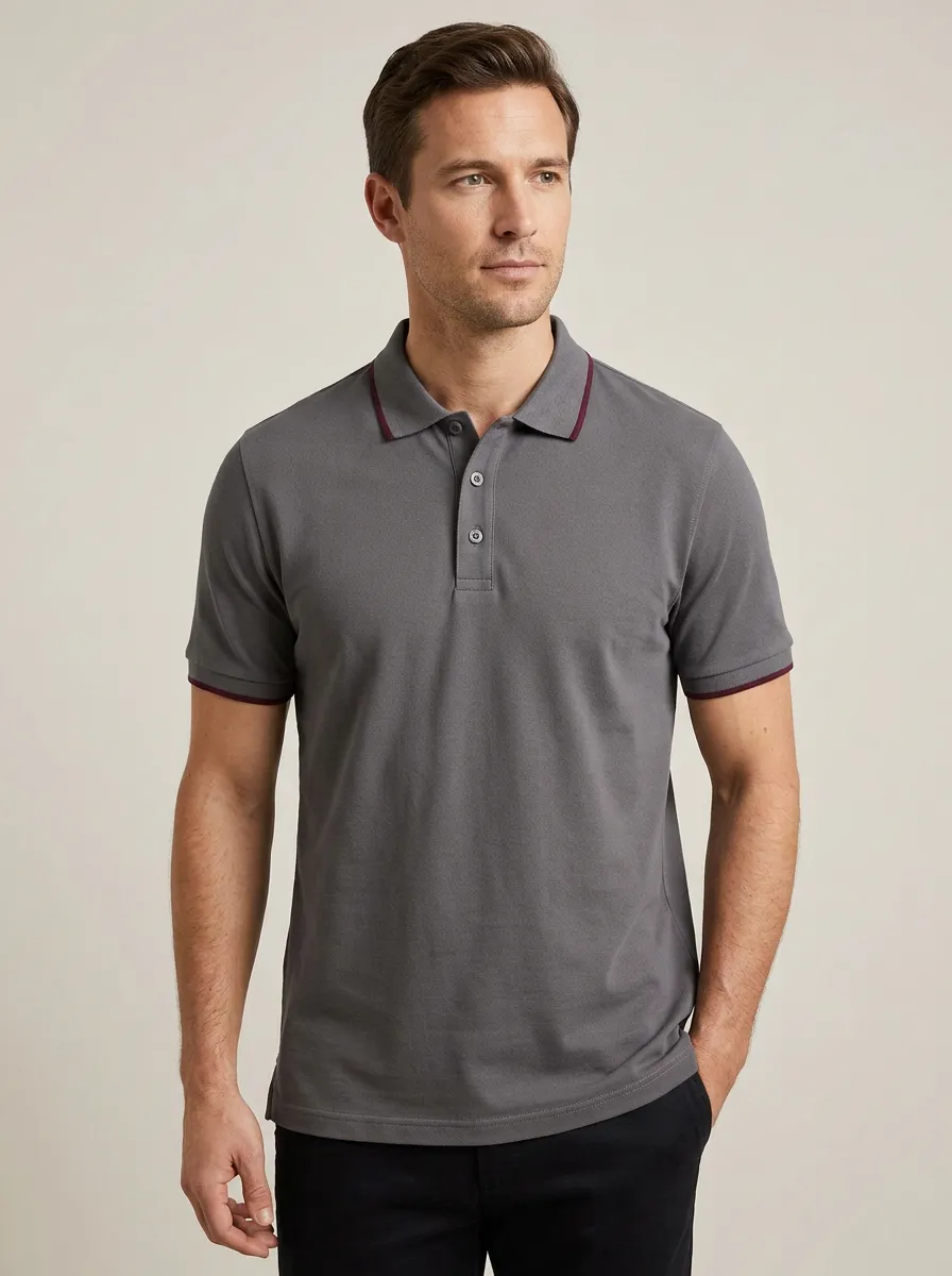 Men's Casual Grey Contrast Trim Printed Polo Shirt