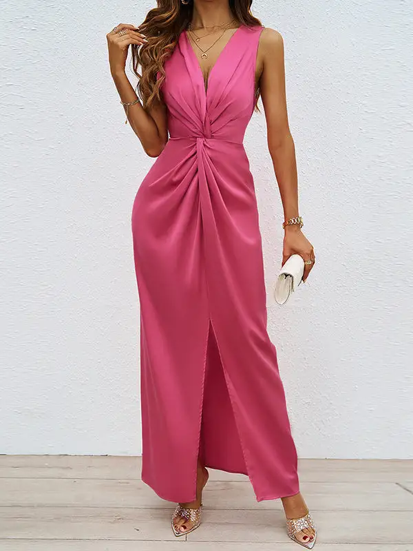Front Pleated Sleeveless Neck Maxi Dress