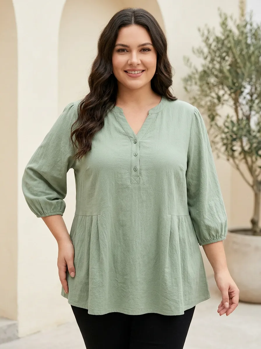 Women's Plus Size Sage Green V-Neck Buttoned Peplum Blouse