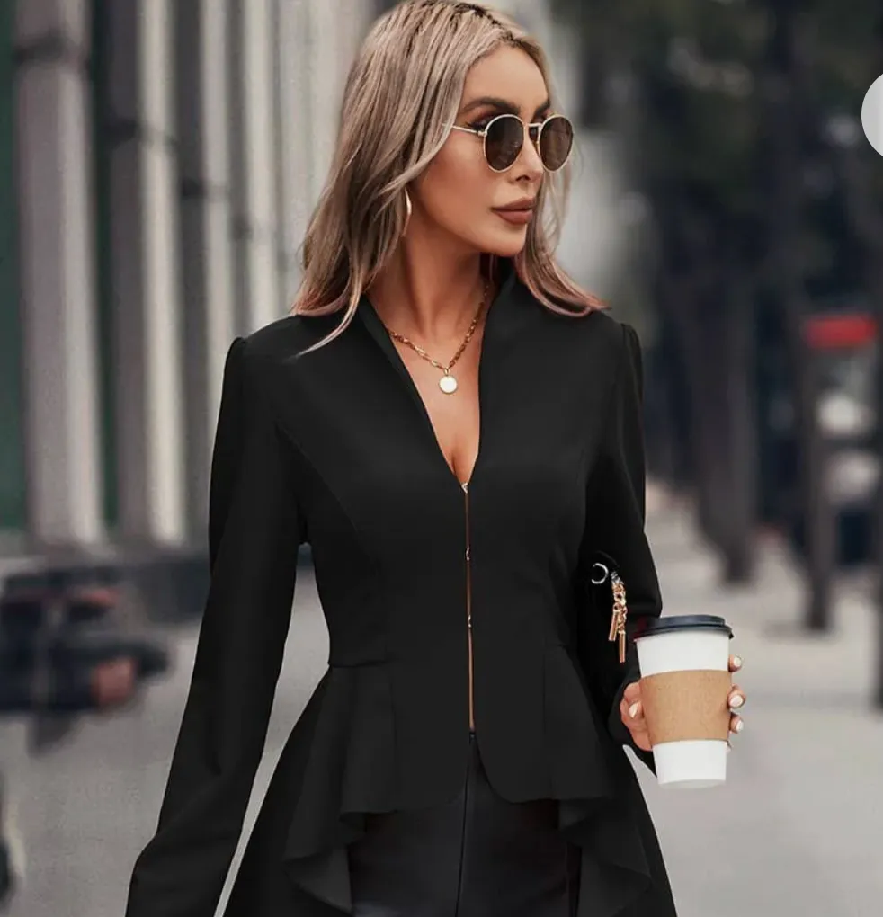 Ruffle Trim V Neck Zip Front Top
