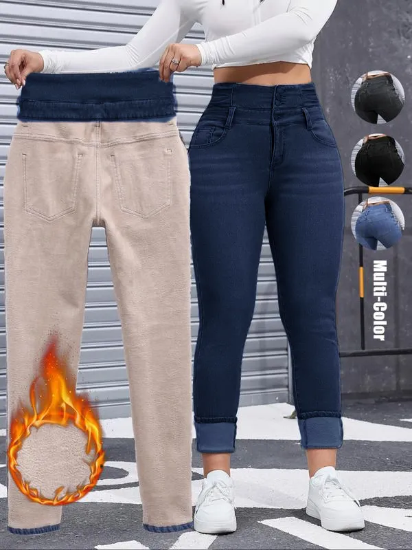 Women's High Elasticity Fleece Lined Thick Denim Jeans&Comfortable Slimming Jeans