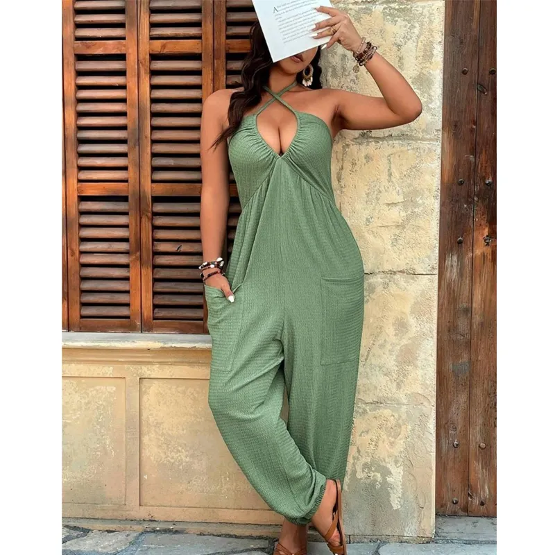 [Plus Size] Solid-Color Jumpsuit with Pockets