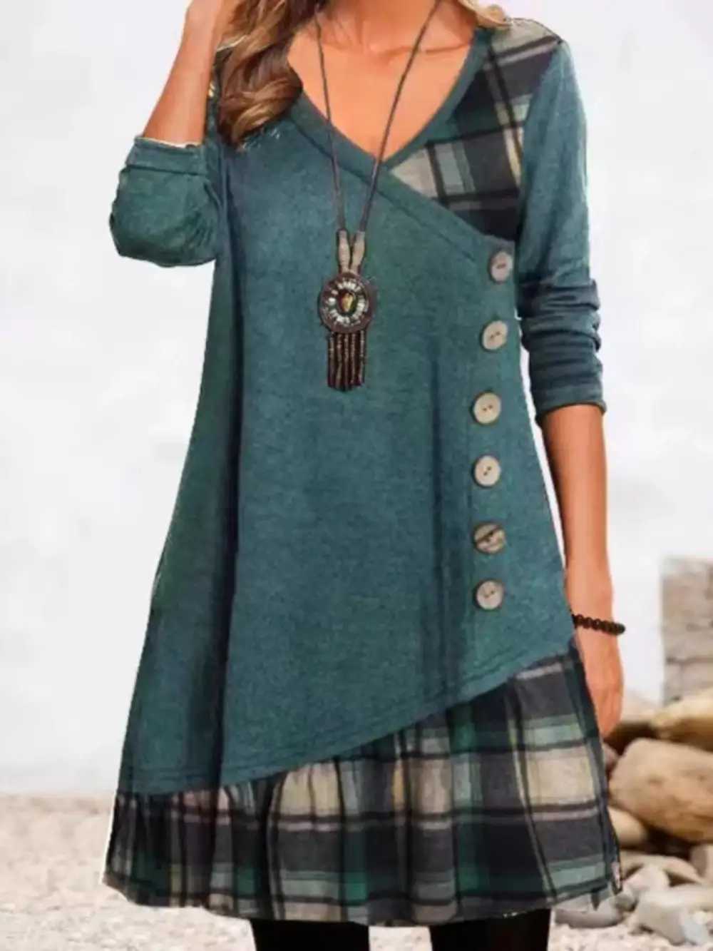 Asymmetrical Plaid Patchwork Long Sleeve Dress