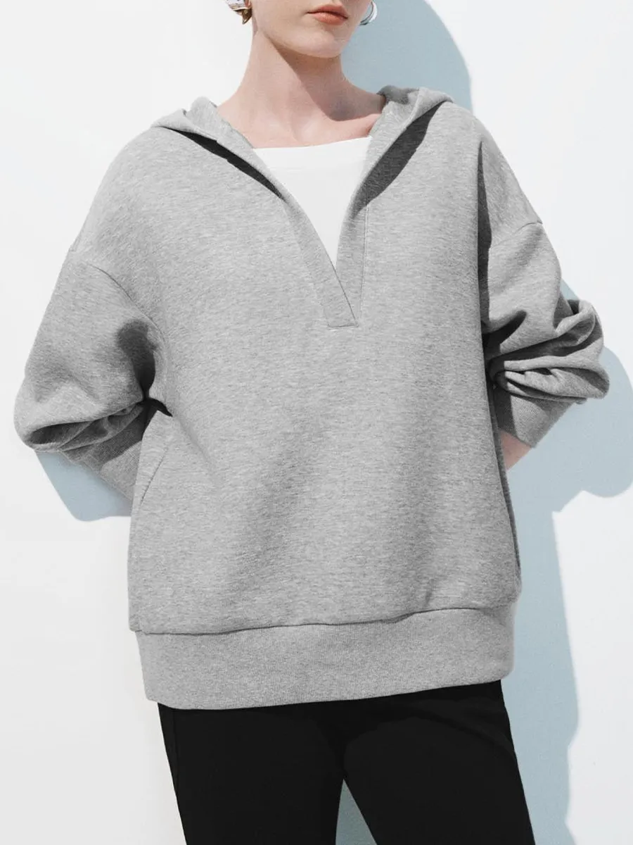 Lady's Grey Casual V-Neck Loose Hoodie