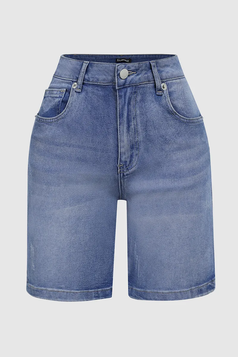 Zip Fly Ripped Denim Shorts Without Belt