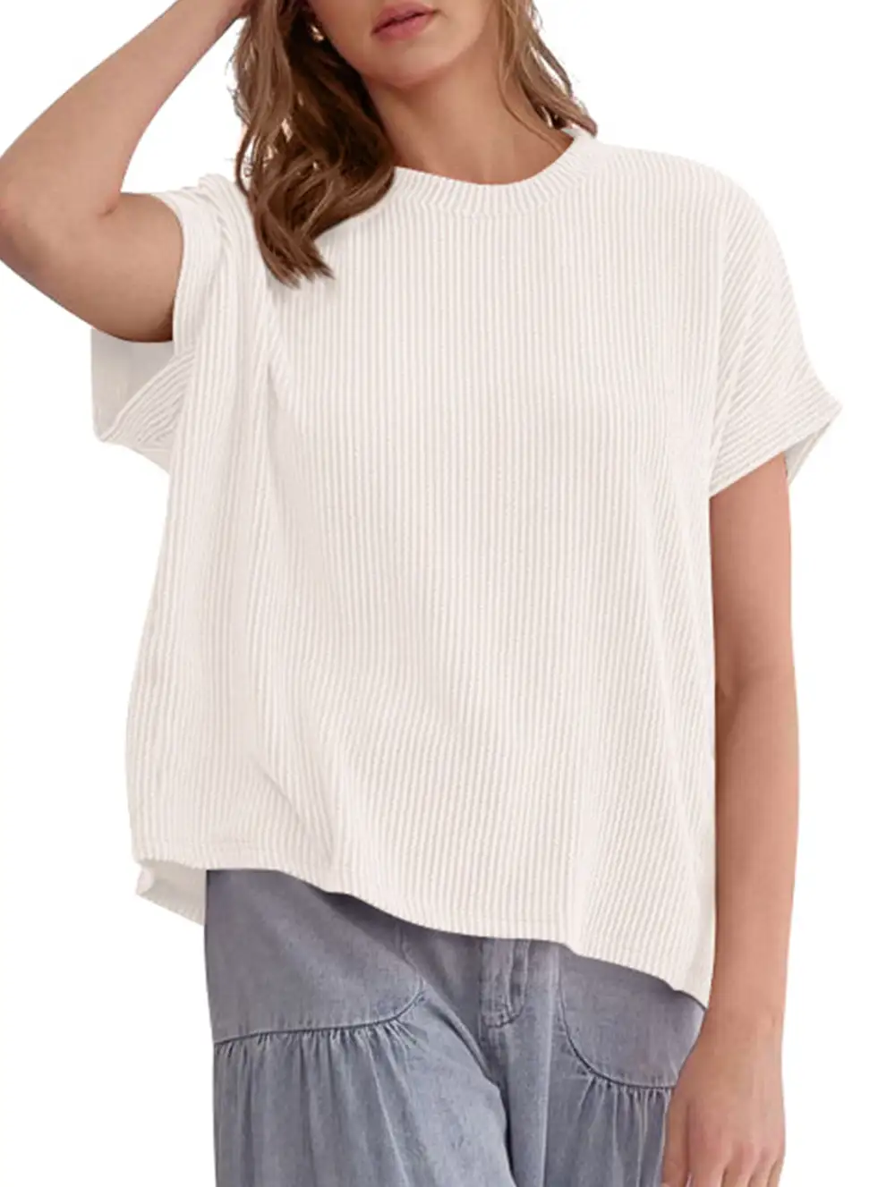 Ribbed Knit Crew Neck Tee