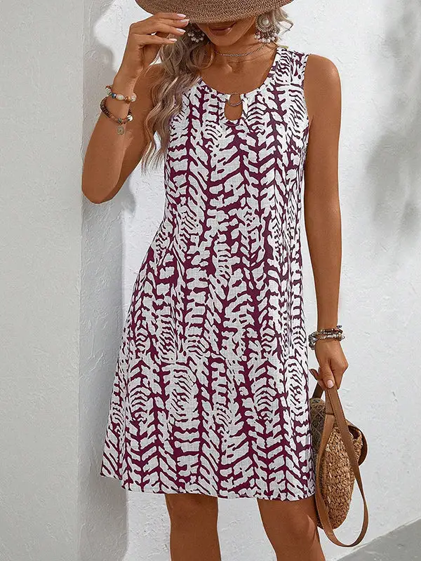A Line Relaxed Hollow Printed U Neck Mini Dress