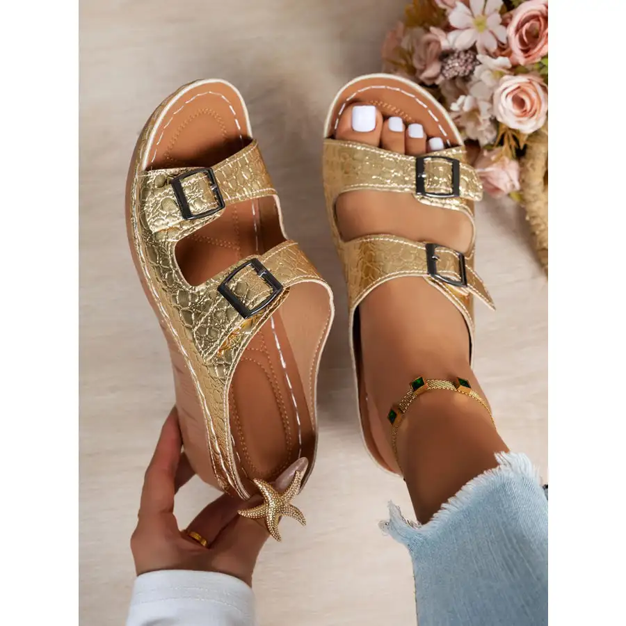 Double Buckle Wedge Sandals