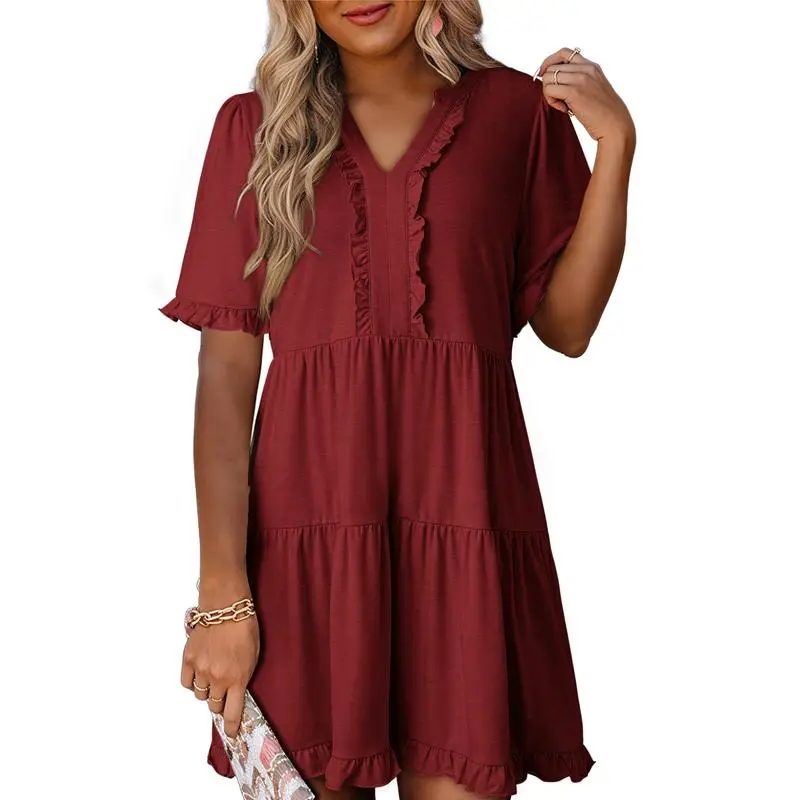 Womens Dresses 2025 Summer Spring V Neck Ruffle Short Sleeve Casual A-Line Flowy Swing Shift Dress Mini Dress